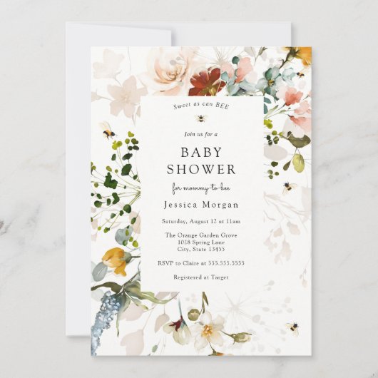 Bijen en  Bloemen Baby shower Uitnodiging (Voorkant)