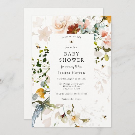 Bijen en Bloemen Baby shower Uitnodiging (Voorkant / Achterkant)