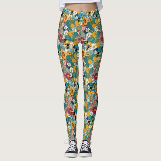 Bijen en bloemen Bijen bloem patroon Leggings (Voorkant)