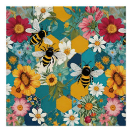 Bijen en bloemen Bijen bloem patroon Perfect Poster