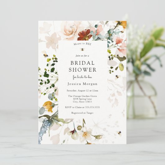Bijen en  Bloemen Bruidsdouche Uitnodiging (Staand voorkant)
