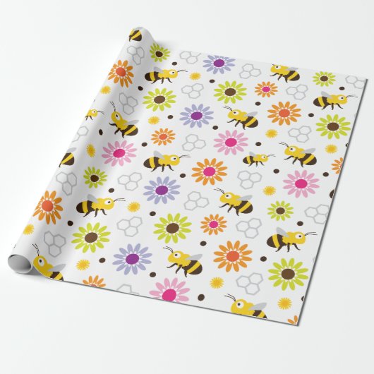 Bijen en bloemen cadeaupapier (Uitgerold)