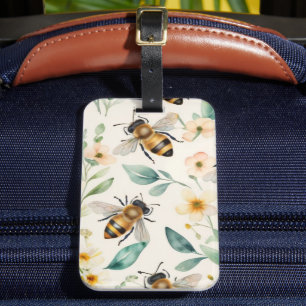 Bijen en bloemen - Cream Floral Honey Bee Pattern Bagagelabel