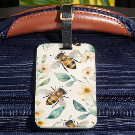 Bijen en bloemen - Cream Floral Honey Bee Pattern Bagagelabel (Voorkant Insitu 2)