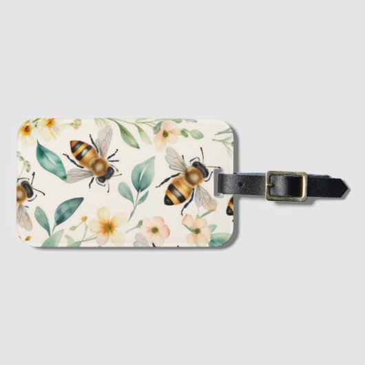 Bijen en bloemen - Cream Floral Honey Bee Pattern Bagagelabel (Voorkant (horizontaal))