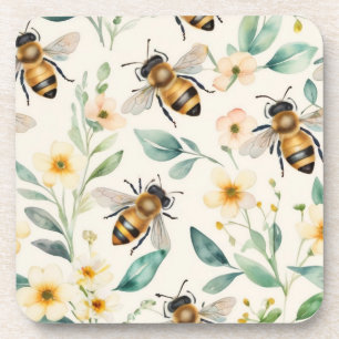 Bijen en bloemen - Cream Floral Honey Bee Pattern Bier Onderzetter