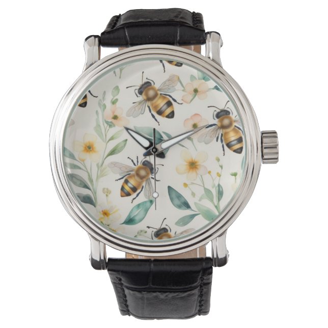 Bijen en bloemen - Cream Floral Honey Bee Pattern Horloge (Voorkant)
