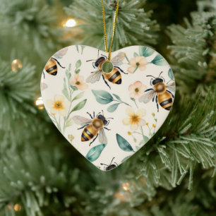 Bijen en bloemen - Cream Floral Honey Bee Pattern Keramisch Ornament