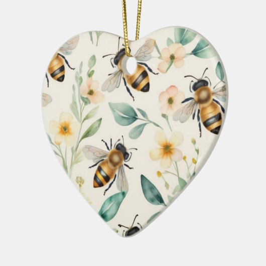 Bijen en bloemen - Cream Floral Honey Bee Pattern Keramisch Ornament (Links)