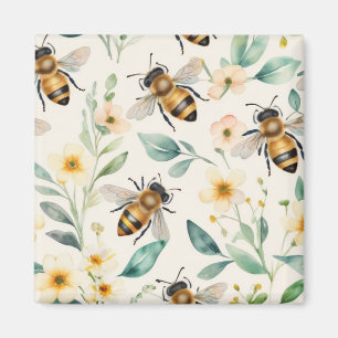 Bijen en bloemen - Cream Floral Honey Bee Pattern Magneet