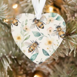 Bijen en bloemen - Cream Floral Honey Bee Pattern Ornament