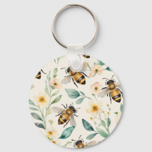 Bijen en bloemen - Cream Floral Honey Bee Pattern Sleutelhanger