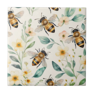 Bijen en bloemen - Cream Floral Honey Bee Pattern Tegeltje