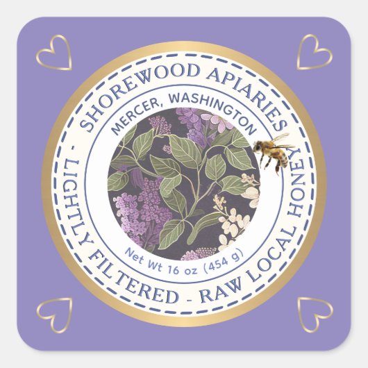 Bijen en bloemen Etiket op honing met goudharten (Voorkant)