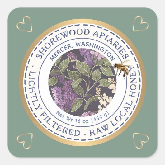 Bijen en bloemen Etiket op honing met goudharten (Voorkant)