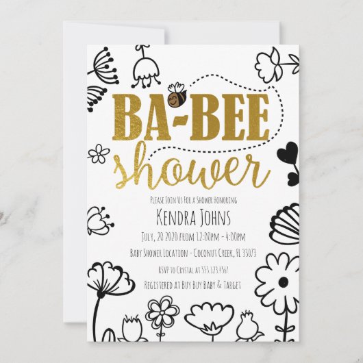 Bijen en bloemen, Moderne uitnodiging voor Baby sh (Voorkant)