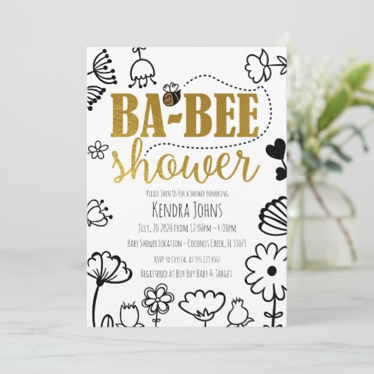 Bijen en bloemen, Moderne uitnodiging voor Baby sh (Staand voorkant)