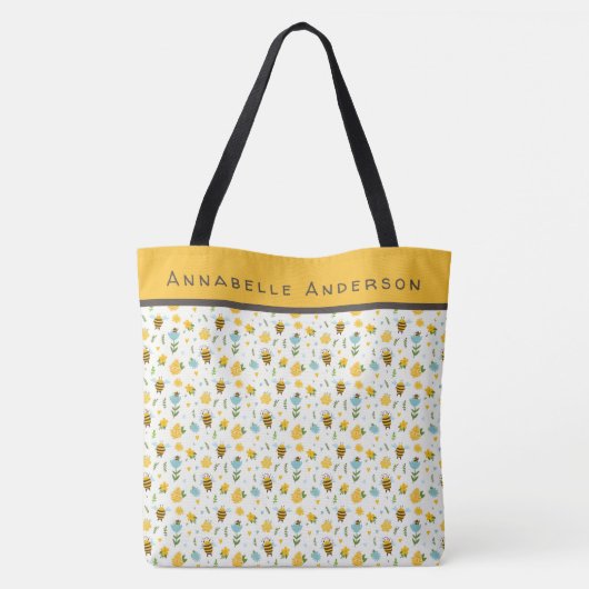 Bijen- en bloempatroon personaliseren Canvas tas (Achterkant)