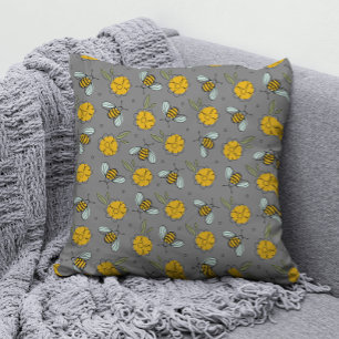 Bijen en Buttercups op grijs Kussen