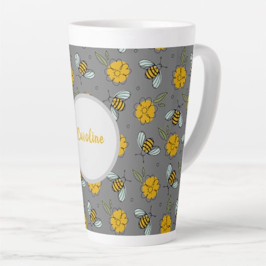 Bijen en Buttercups op grijs Latte Mok (Rechterhoek)