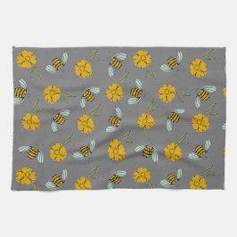 Bijen en Buttercups op grijs Theedoek