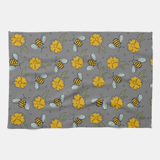 Bijen en Buttercups op grijs Theedoek (Horizontaal)