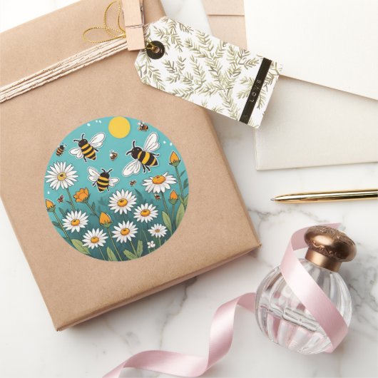 Bijen en Daisies Ronde Sticker (Geschenken)