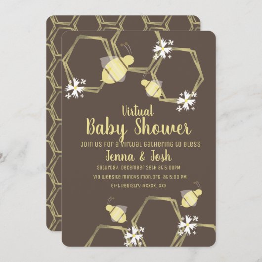 Bijen en Daisy Floral Virtual Baby shower Kaart (Voorkant / Achterkant)