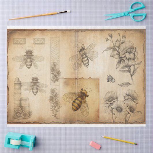 Bijen en Floral ketches Ephemera Tissuepapier (Craft)