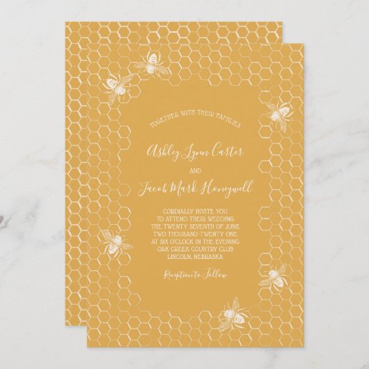 Bijen en gouden honingraat bruiloft kaart (Voorkant / Achterkant)