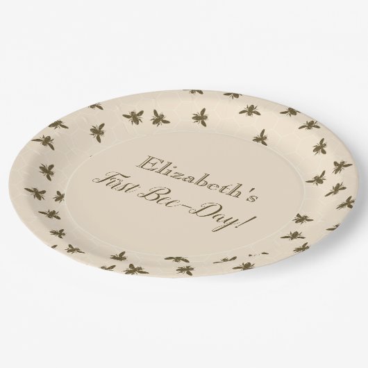 Bijen en Honeycomb First Birthday Paper Borden Papieren Bordje (Gekanteld)