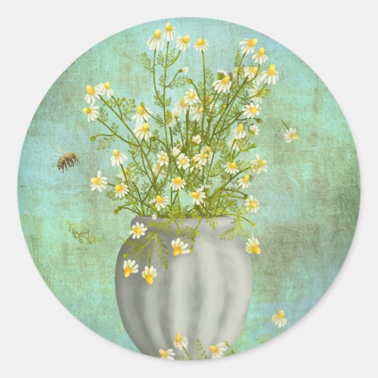 Bijen en kamille ronde sticker (Voorkant)