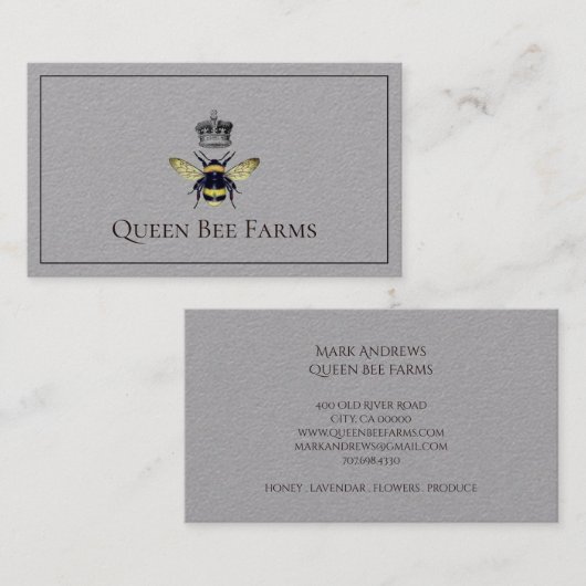 Bijen en kroon bijenstal grijs visitekaartje (Voorkant / Achterkant)