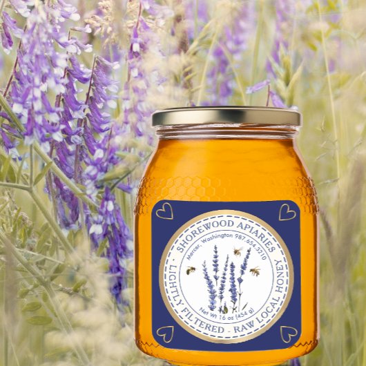 Bijen en lavendel-honingetiket met gouden harten vierkante sticker