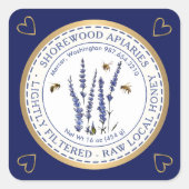 Bijen en lavendel-honingetiket met gouden harten vierkante sticker (Voorkant)