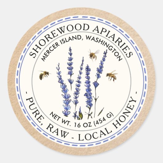 Bijen en lavendel-honingetiket met Kraft Border Ronde Sticker (Voorkant)