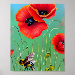 Bijen en rode papaver poster