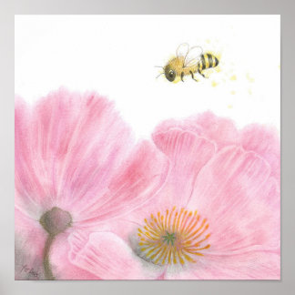 Bijen en roze bloemen gekleurde potlood kwekerij k poster