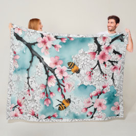 Bijen en roze kersenbloesems kant fleece deken