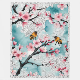 Bijen en roze kersenbloesems kant fleece deken