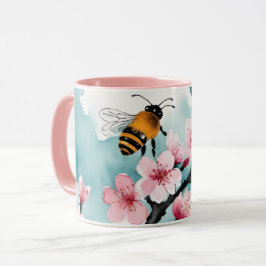 Bijen en roze kersenbloesems met blauwe lucht mok