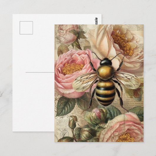  bijen en roze rozen ontkoppeling briefkaart (Voorkant / Achterkant)