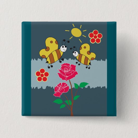 Bijen en Rozen bloementuin Vierkante Button 5,1 Cm (Voorkant)