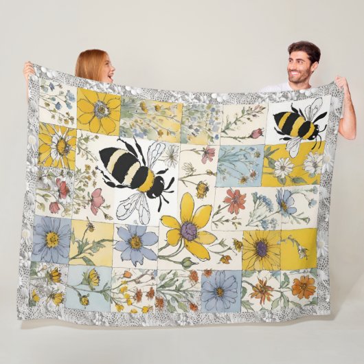 Bijen en Wildbloemen  Bloemen Patchwork Fleece Deken (In situ)