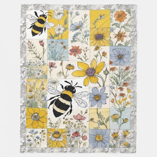 Bijen en Wildbloemen  Bloemen Patchwork Fleece Deken (Voorkant)
