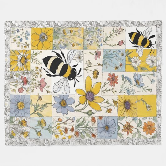 Bijen en Wildbloemen  Bloemen Patchwork Fleece Deken (Voorkant (Horizontaal))