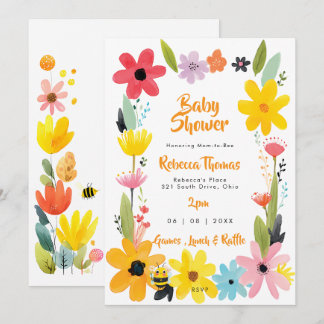 bijen en wilde bloemen bloemige baby shower uitnod kaart