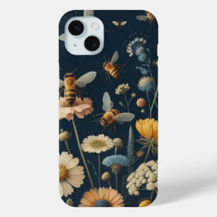 Bijen en wilde bloemen op donkerblauw iPhone 15 mini hoesje