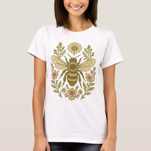  bijen en wilde bloemen | Retro Botanische Nat T-shirt (Voorkant)
