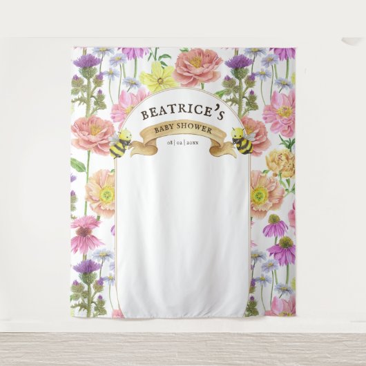 Bijen en Wildflower Baby shower Foto Achtergrond Wandkleed (Voorkant)